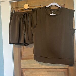 Varley Inspired Sleeveless Top and Shorts Set in Dark Green